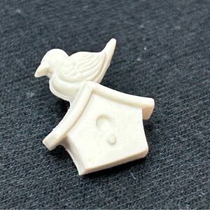 White Ceramic Bird House with Perched Bird Brooch Pin